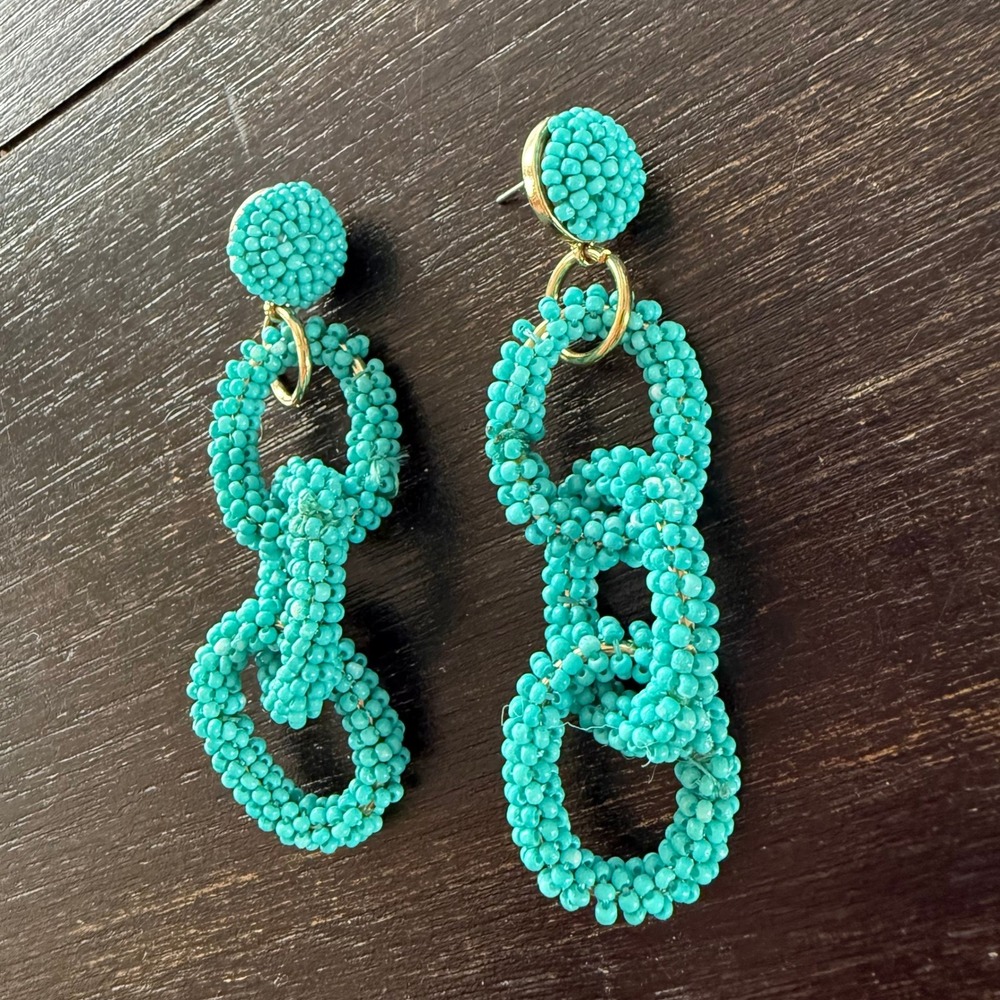Turquoise Seed Bead Interlocking Chain Link Statement Drop‎ Earrings Blue Boho